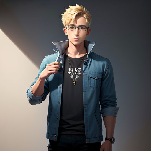 a man with glasses and a blue jacket is holding a black object in his hand and a black shirt on