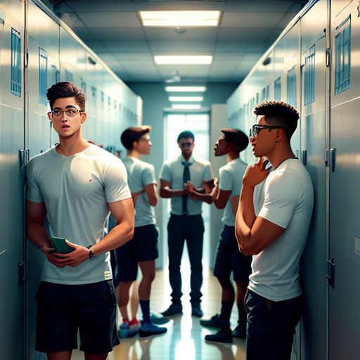 a group of men standing in a hallway next to lockers with locker doors open and one man holding a folder