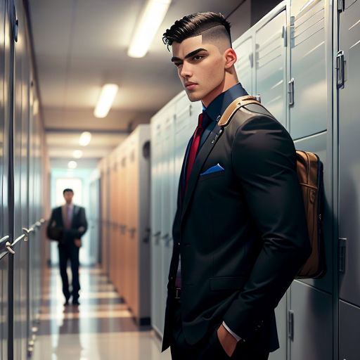 a man in a suit standing in a hallway next to lockers with a backpack on his shoulder and a man in a suit standing in the background