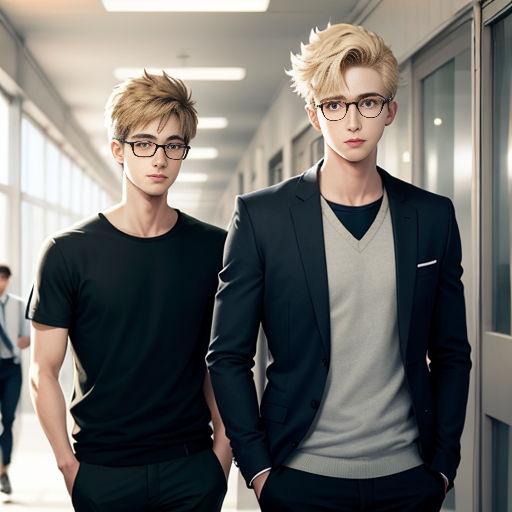 two men in suits and glasses standing in a hallway together, one wearing a black shirt and the other a grey shirt