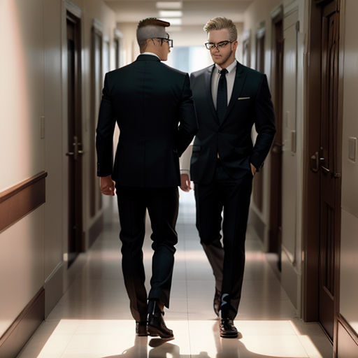 two men in suits walking down a hallway together in suits and ties, one in a suit and the other in a tie