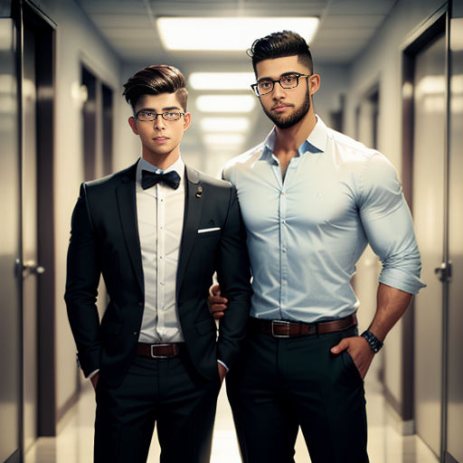 two men in suits standing in a hallway together, one wearing a bow tie and the other wearing a tuxedo