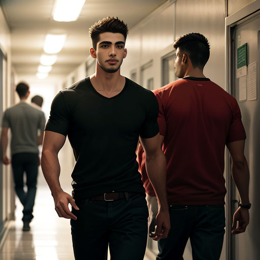 two men walking down a hallway in a building with a hallway leading to another building and a hallway leading to another building