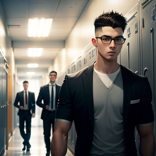 two men in suits and ties walking down a hallway in a hallway with lockers and lockers on both sides