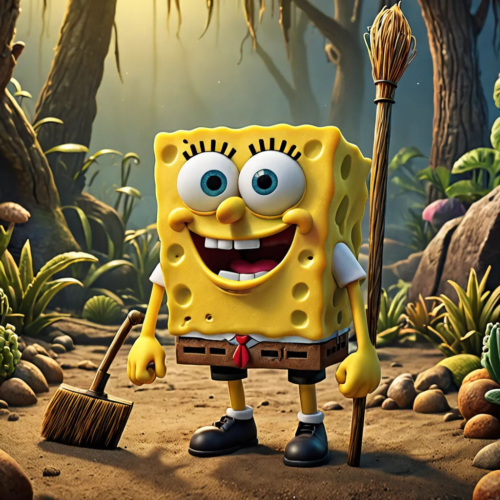a cartoon character holding a broom and a broom in a forest with rocks and plants around him and a sun shining behind him, sots art, a character portrait, Chris LaBrooy, promotional image
