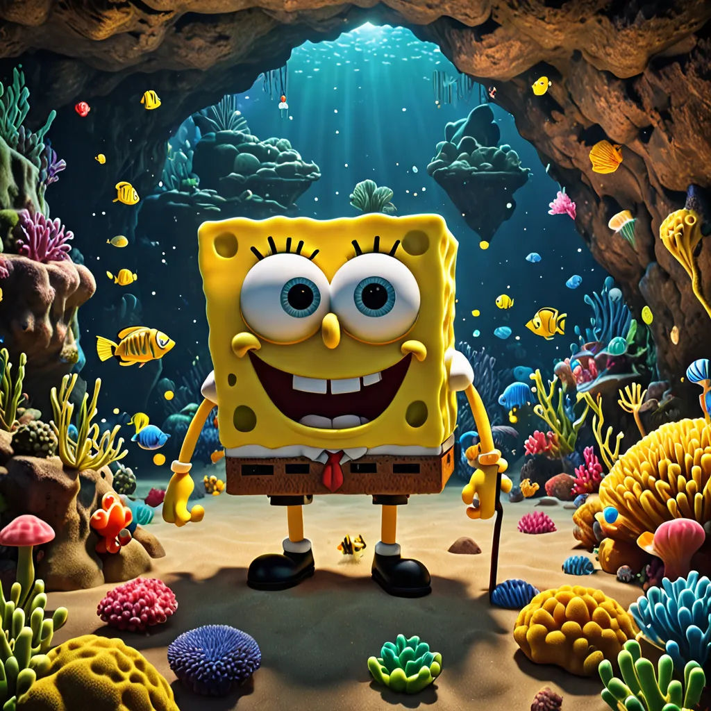 a cartoon spongebob is standing in a underwater cave with a cane in his hand and a smile on his face, pop surrealism, concept art, Chris LaBrooy, promotional image