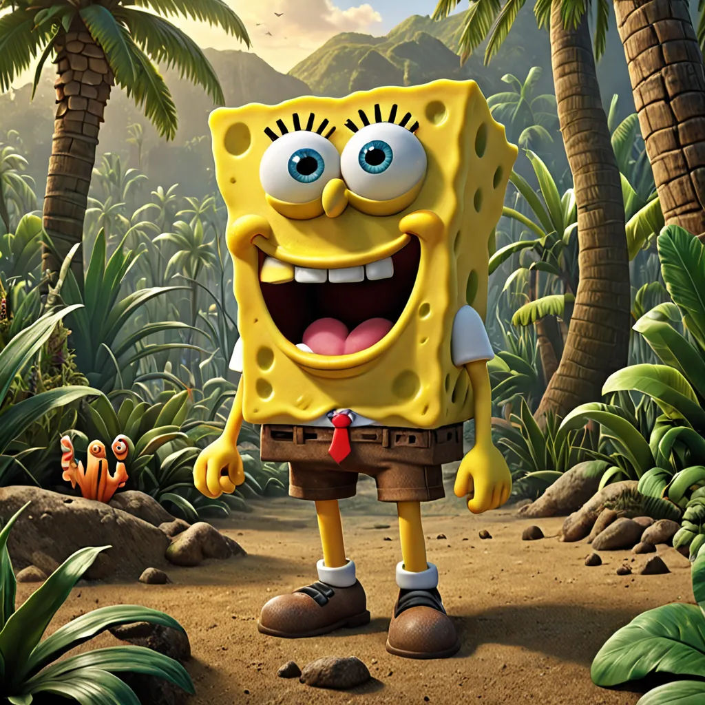 a cartoon character is standing in the middle of a jungle with a large smile on his face and eyes, sots art, a character portrait, Chris LaBrooy, promotional image