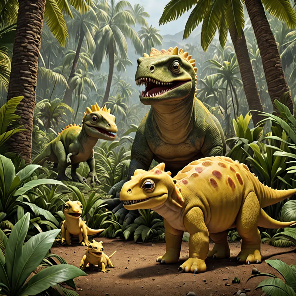 a group of dinosaurs in a jungle setting with palm trees and bushes in the background, with a baby t - rex in the foreground, lyco art, concept art, Adam Rex, promotional image