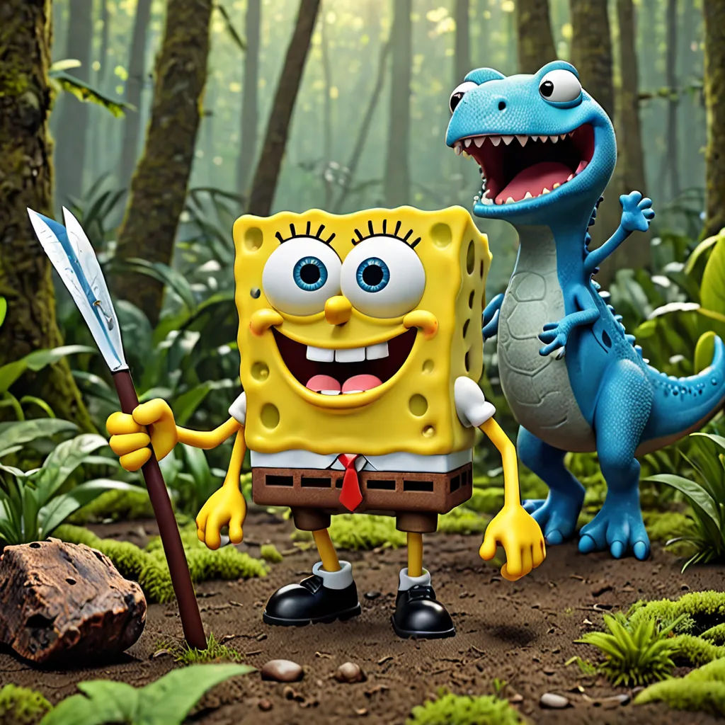a cartoon character and a cartoon character in the woods with trees and plants behind them, one of them holding a sword and the other is holding a, primitivism, a 3D render, Abidin Dino, promotional image