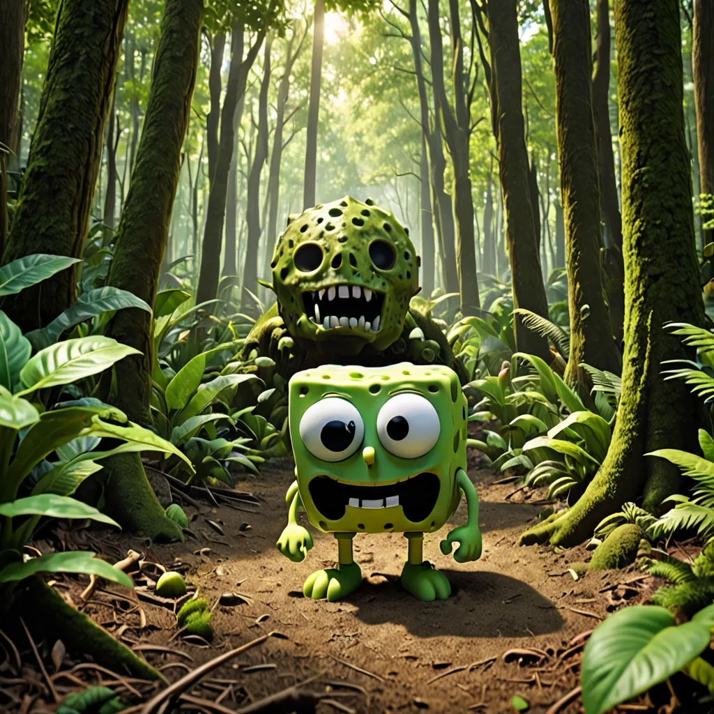 a cartoon character in a forest with a monster face on it's chest and a monster face on his chest, shock art, an ambient occlusion render, Chris LaBrooy, zbrush