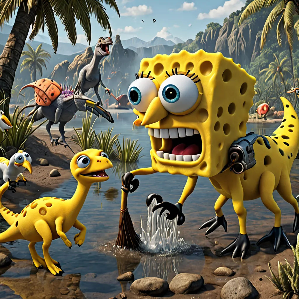 a group of cartoon animals standing on top of a beach next to a body of water with a mountain in the background, sots art, concept art, Chris LaBrooy, ultra realistic digital art