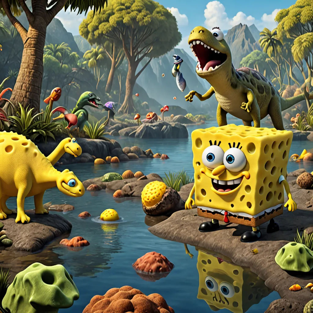 a cartoon scene of a dinosaur and a spongebob in a pond of water with other cartoon characters, pop surrealism, a detailed matte painting, Chris LaBrooy, highly detailed digital art