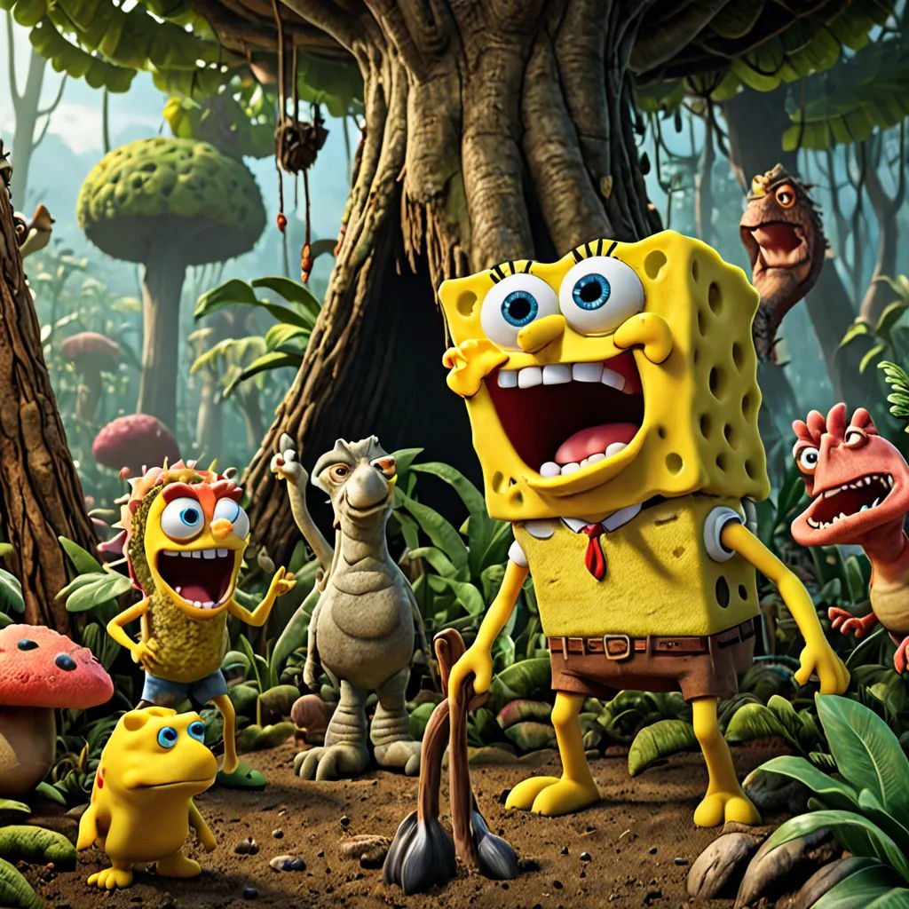 a group of cartoon characters standing in a forest with trees and plants in the background, with a monster in the foreground, les nabis, concept art, Chris LaBrooy, promotional image
