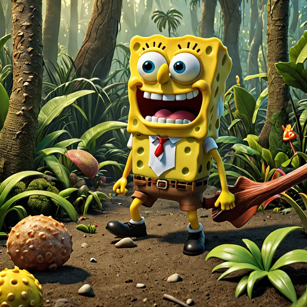 a cartoon character is walking through a jungle with a broom and a banana peel in his hand and a banana peel in his other hand, sots art, a 3D render, Chris LaBrooy, promotional image