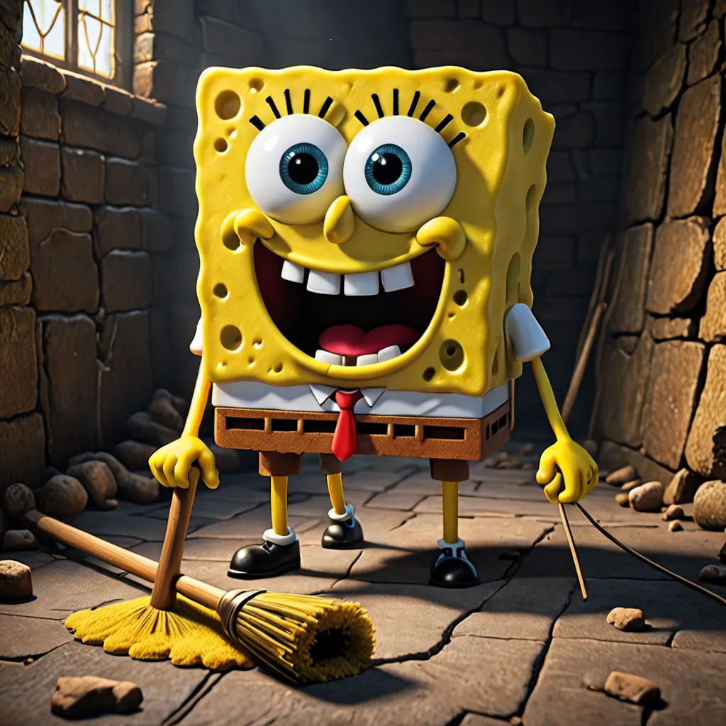 a cartoon character with a broom and a brick wall in the background, with a brick wall in the background, sots art, a 3D render, Chris LaBrooy, promotional image