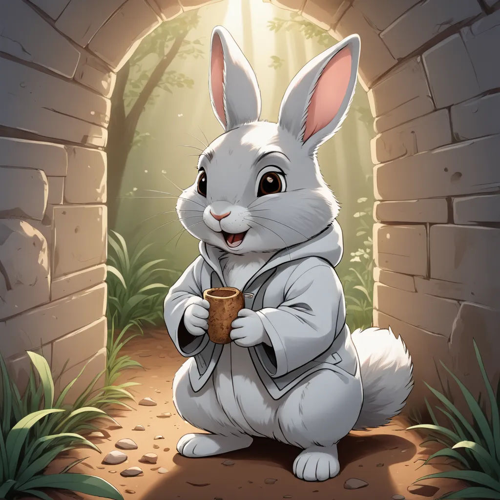 a rabbit is sitting in a tunnel holding a cup of coffee and smiling at the camera while holding a cup of coffee, furry art, a storybook illustration, Beatrix Potter, rossdraws global illumination