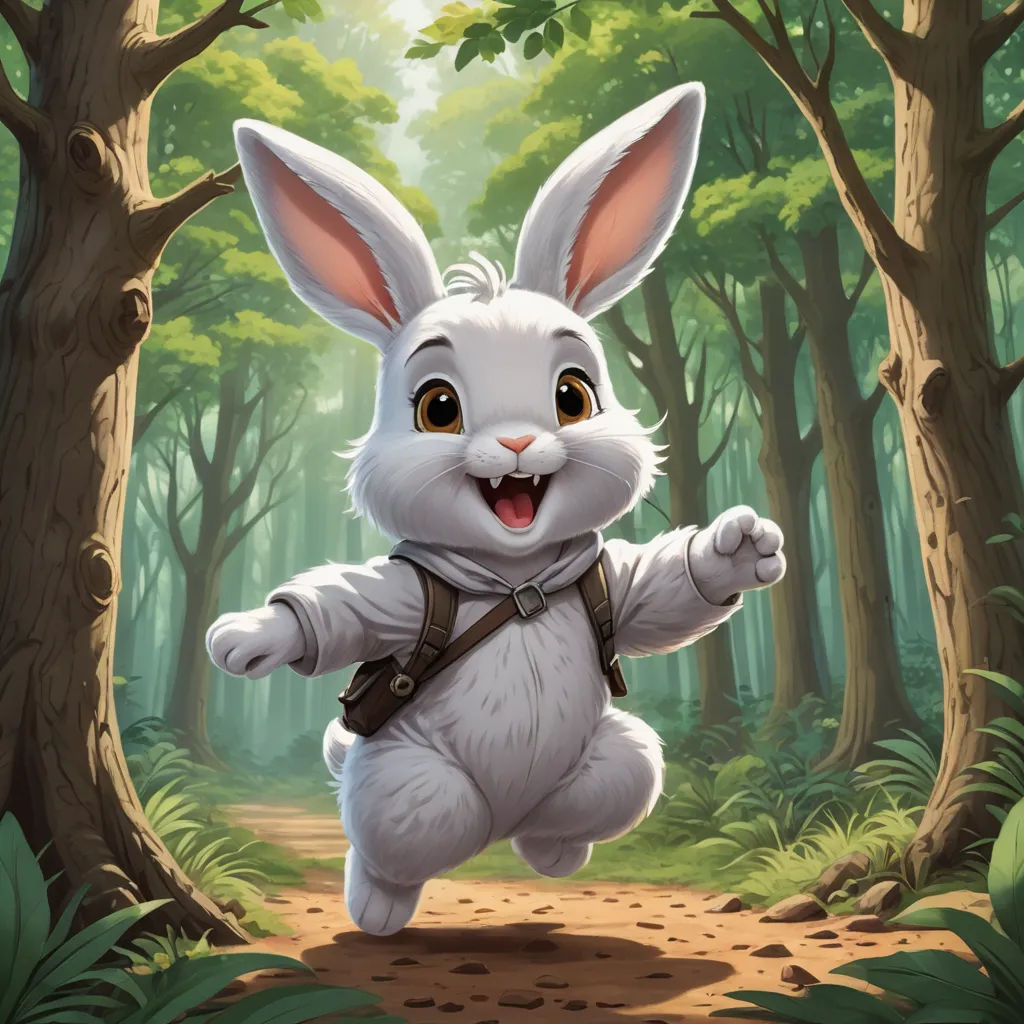 a cartoon bunny running through a forest with trees and leaves on the ground, with a backpack on his back, altermodern, a character portrait, Clint Cearley, magic the gathering artwork