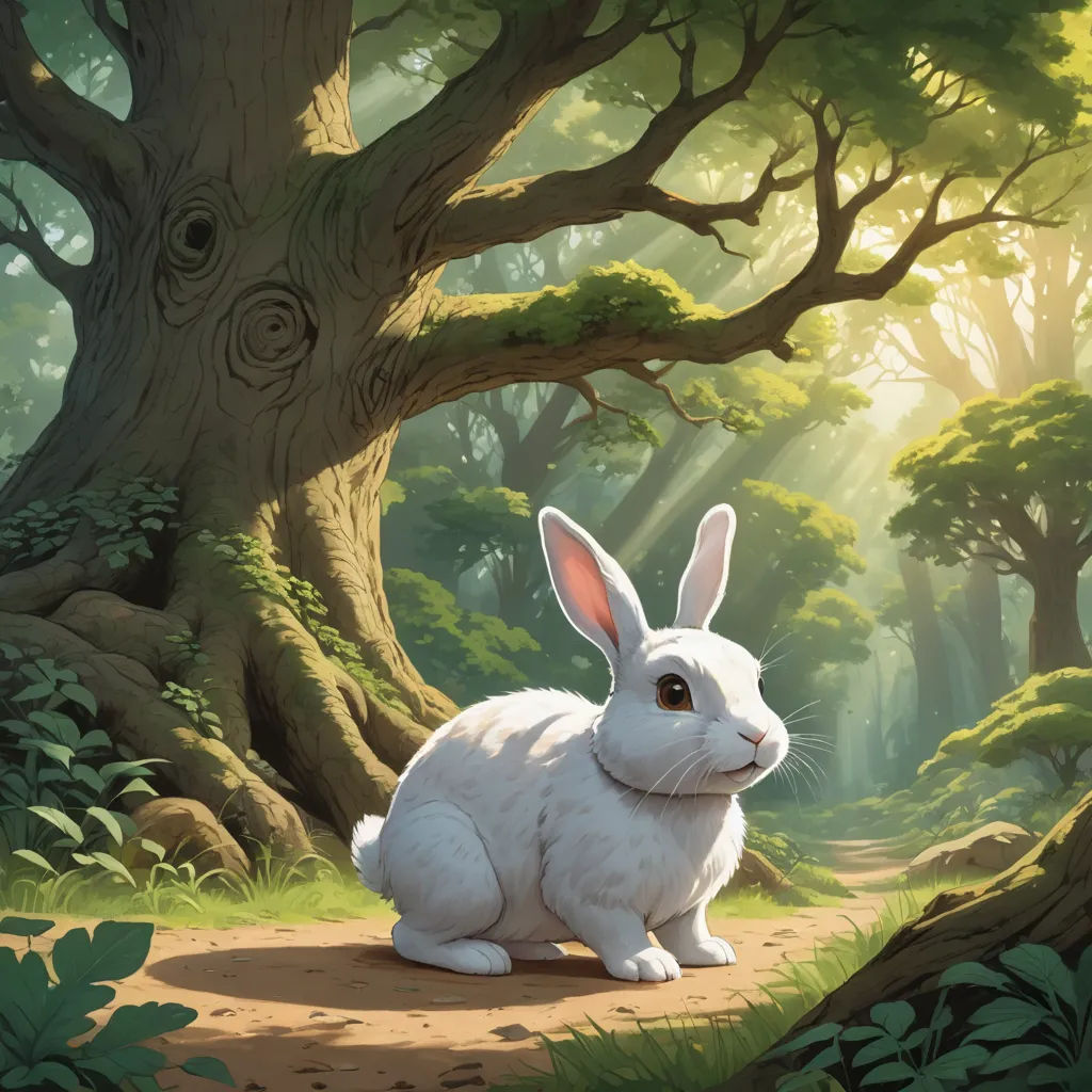 a white rabbit sitting on a dirt path in a forest with trees and grass, with sunlight streaming through the trees, fantasy art, a storybook illustration, Chris LaBrooy, rossdraws global illumination