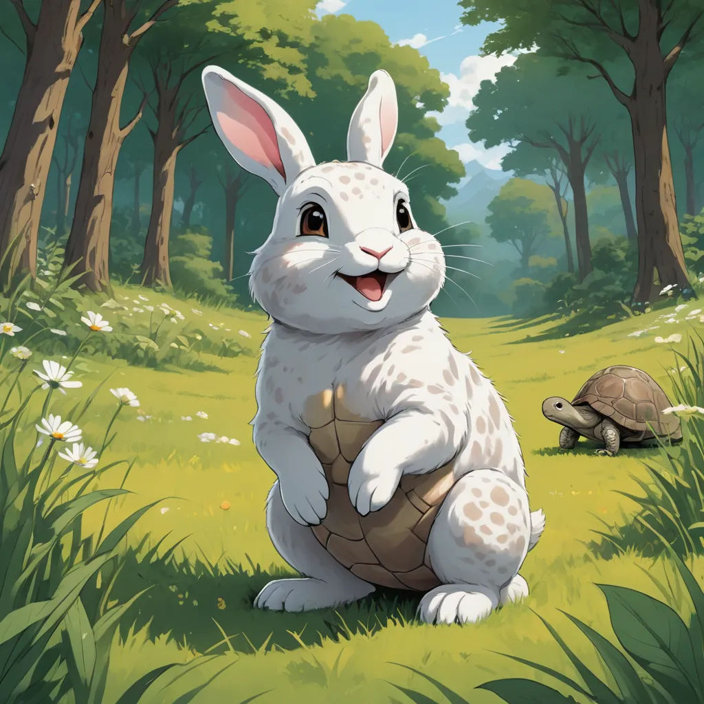 a rabbit sitting on top of a turtle in a forest next to a forest filled with trees and flowers, altermodern, a storybook illustration, Chris LaBrooy, magic the gathering artwork