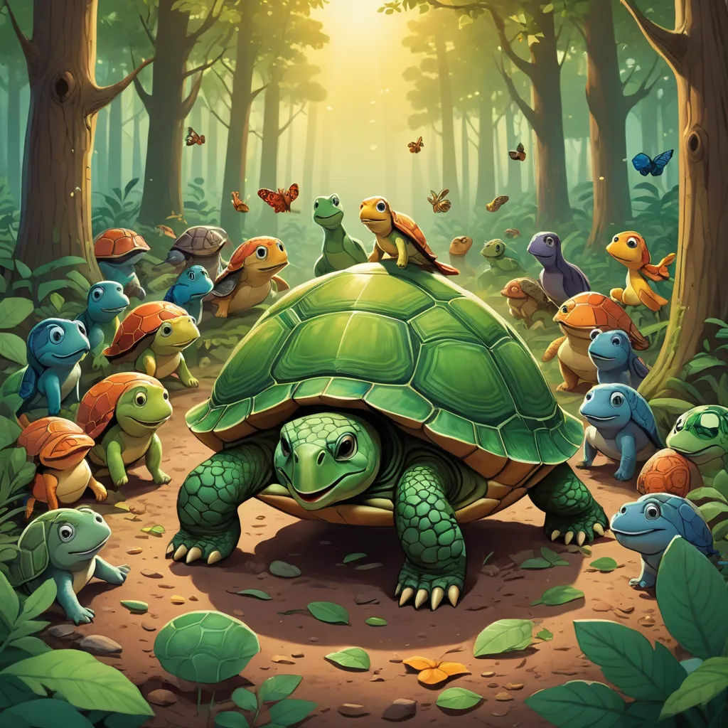 a group of animals that are standing in the dirt near a turtle and turtle turtle in the woods with a sun shining through the trees, fantasy art, a storybook illustration, Chris LaBrooy, league of legends splash art
