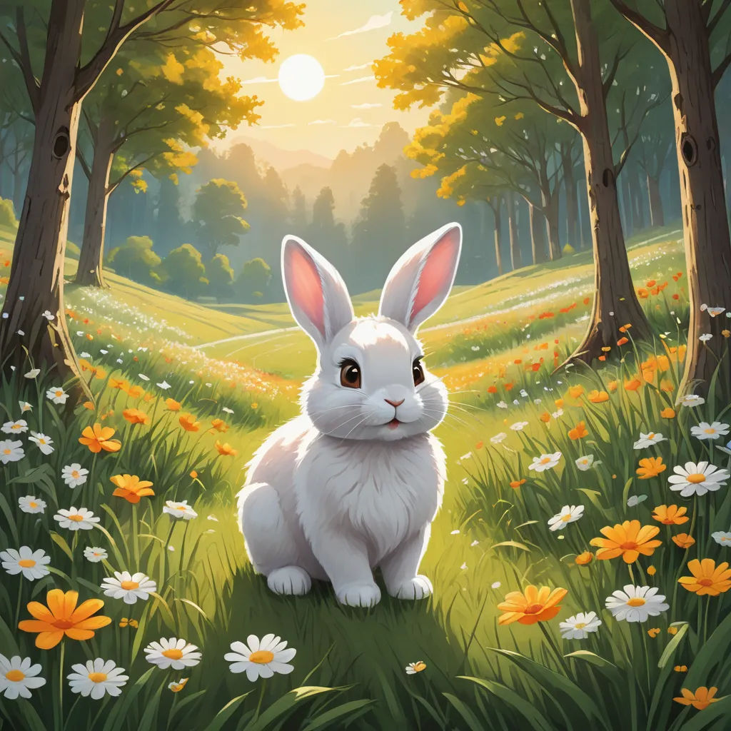 a painting of a white rabbit sitting in a field of flowers and trees with the sun in the background, fantasy art, a storybook illustration, Chris LaBrooy, rossdraws global illumination