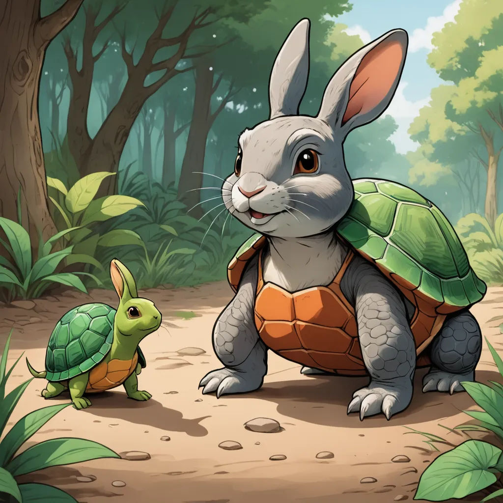 a rabbit and a turtle are in the woods together, one is carrying a bag and the other is carrying a backpack, sots art, a storybook illustration, Chris LaBrooy, game art