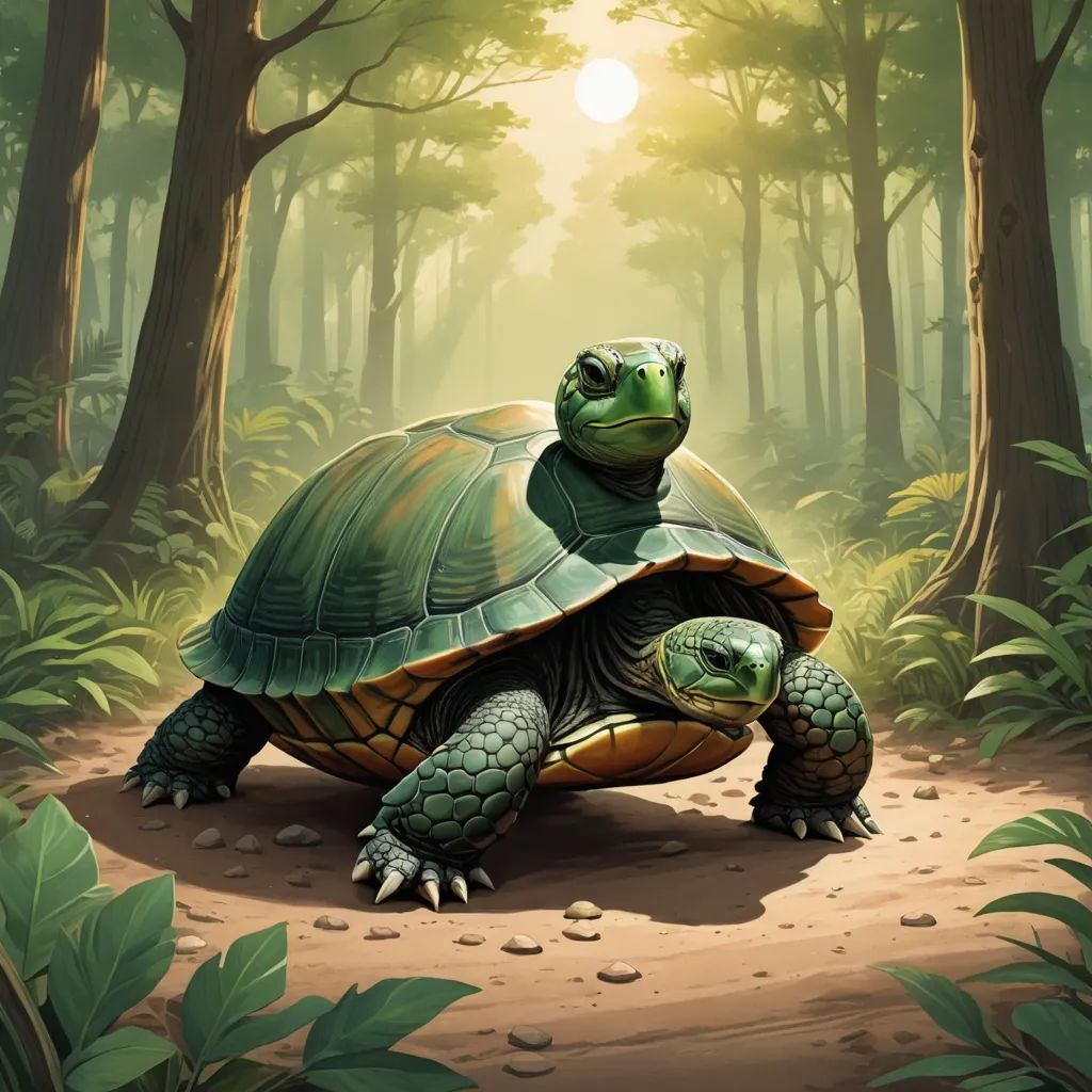 a painting of a turtle in a forest with sun shining through the trees and leaves on the ground and on the ground, sots art, concept art, Chris LaBrooy, magic the gathering artwork