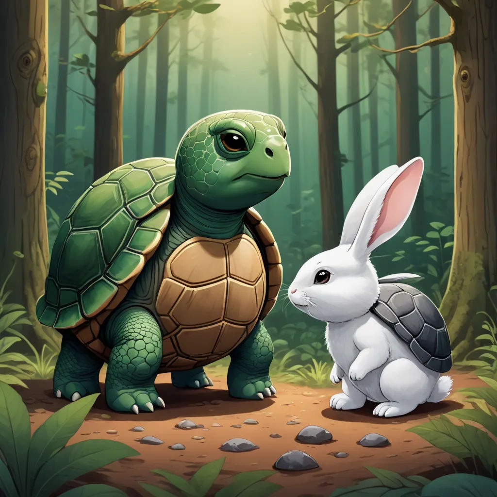 a rabbit and turtle in the forest with trees and grass behind them, one is facing the other, and the other is facing the same direction, sots art, a storybook illustration, Dan Mumford, storybook illustration