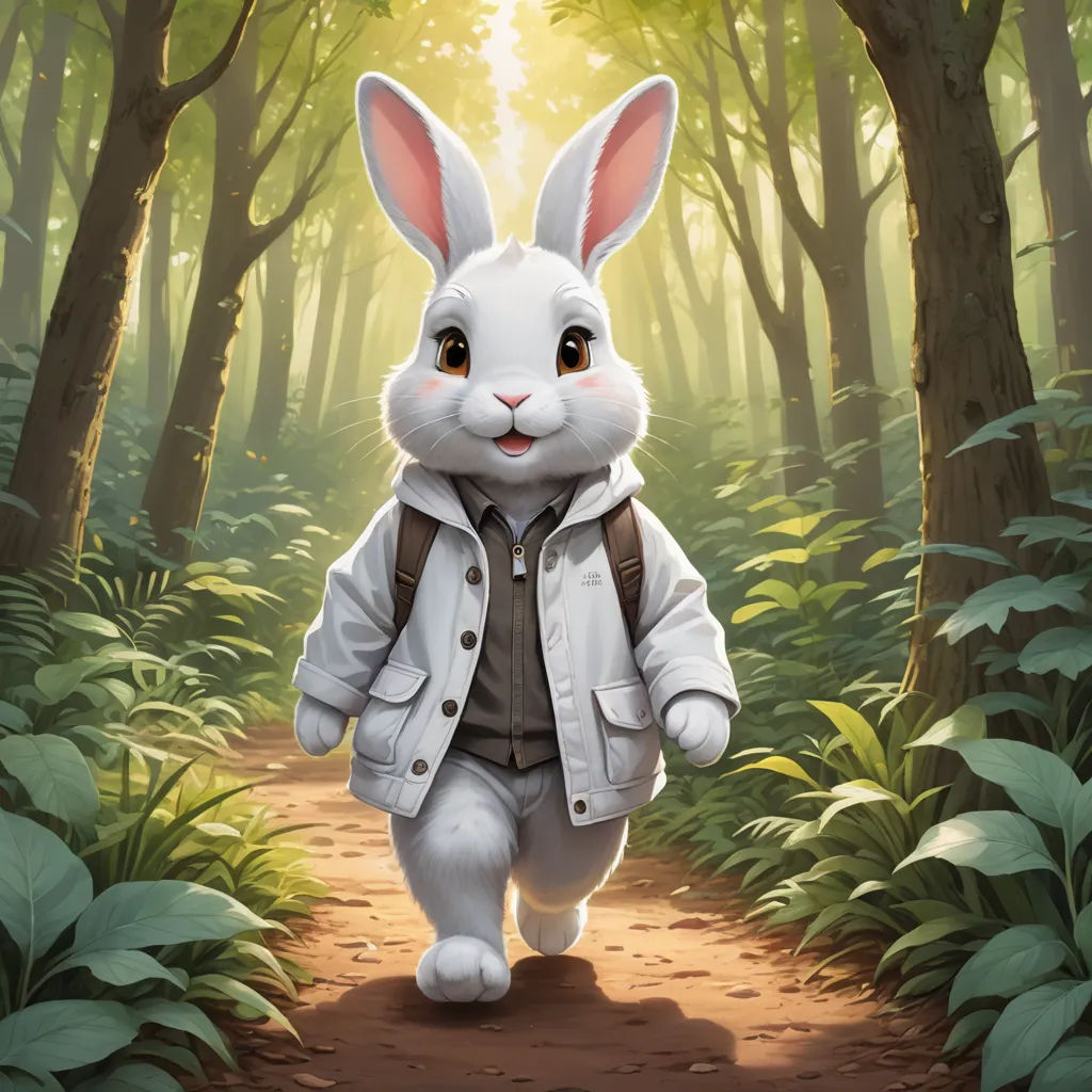 a white rabbit in a white jacket and brown pants is walking through a forest with trees and grass and leaves, altermodern, a character portrait, Chris LaBrooy, rossdraws global illumination