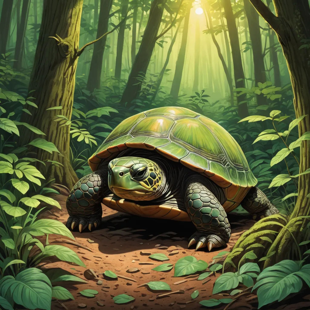 a painting of a turtle in a forest with sunlight coming through the trees and leaves on the ground and on the ground, altermodern, an illustration of, Dan Mumford, magic the gathering artwork