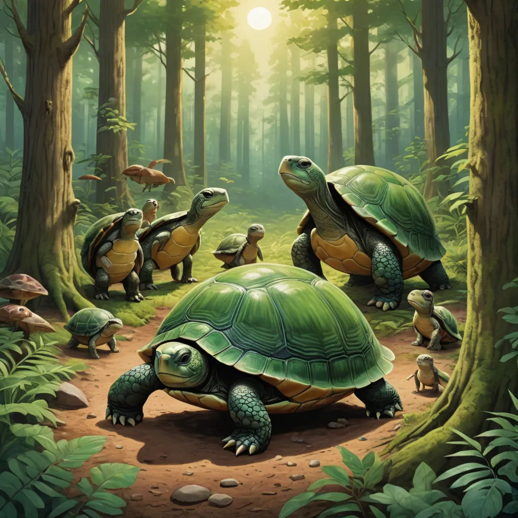 a group of turtles walking through a forest with a sun shining through the trees behind them and a group of smaller turtles on the ground, fantasy art, an illustration of, Dan Mumford, magic the gathering artwork