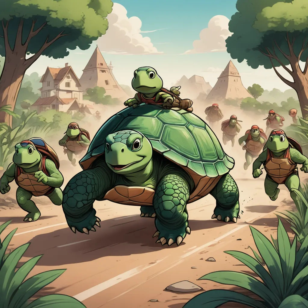 a group of turtles walking across a dirt road next to trees and houses in the background with a man on top of the turtle, sots art, concept art, Chris LaBrooy, official art