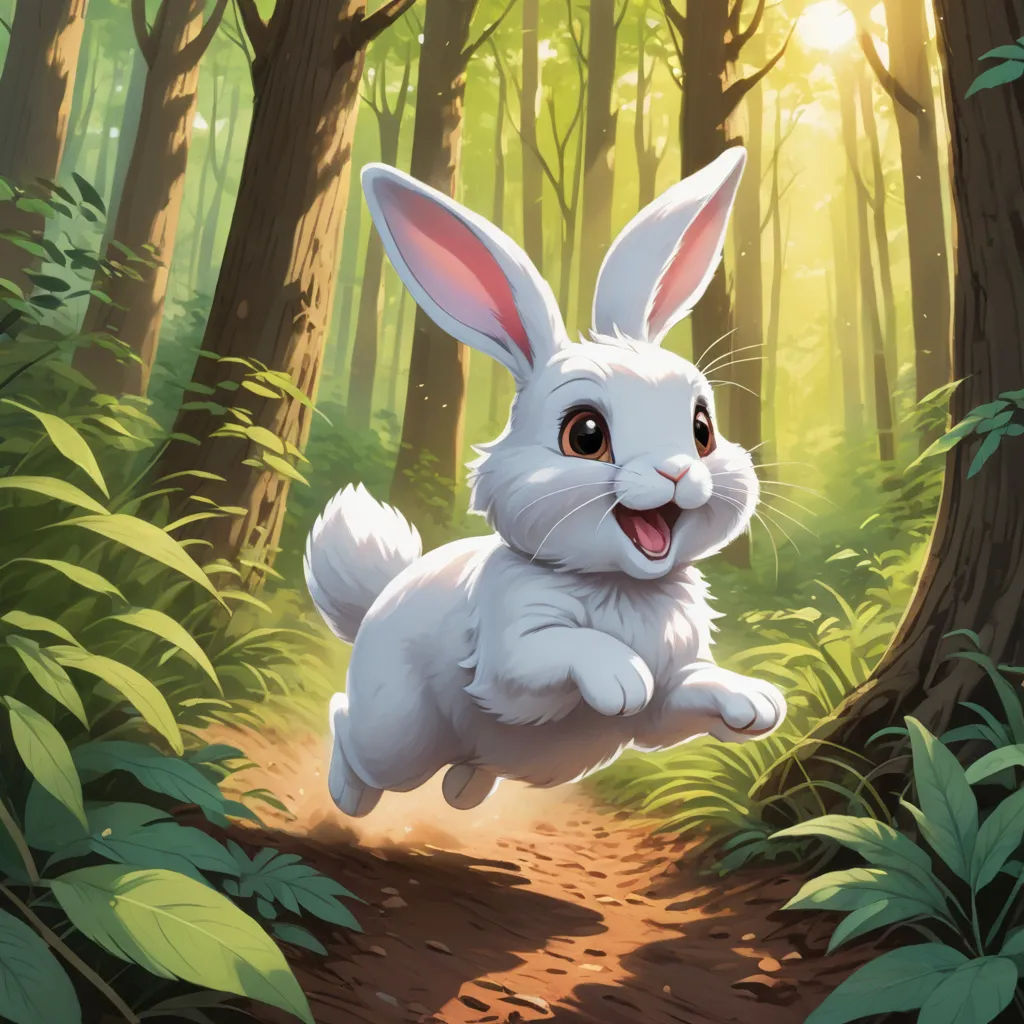 a white rabbit running through a forest with sunlight shining through the trees and leaves on the ground and on the ground, altermodern, an ultrafine detailed painting, Chris Rallis, magic the gathering artwork
