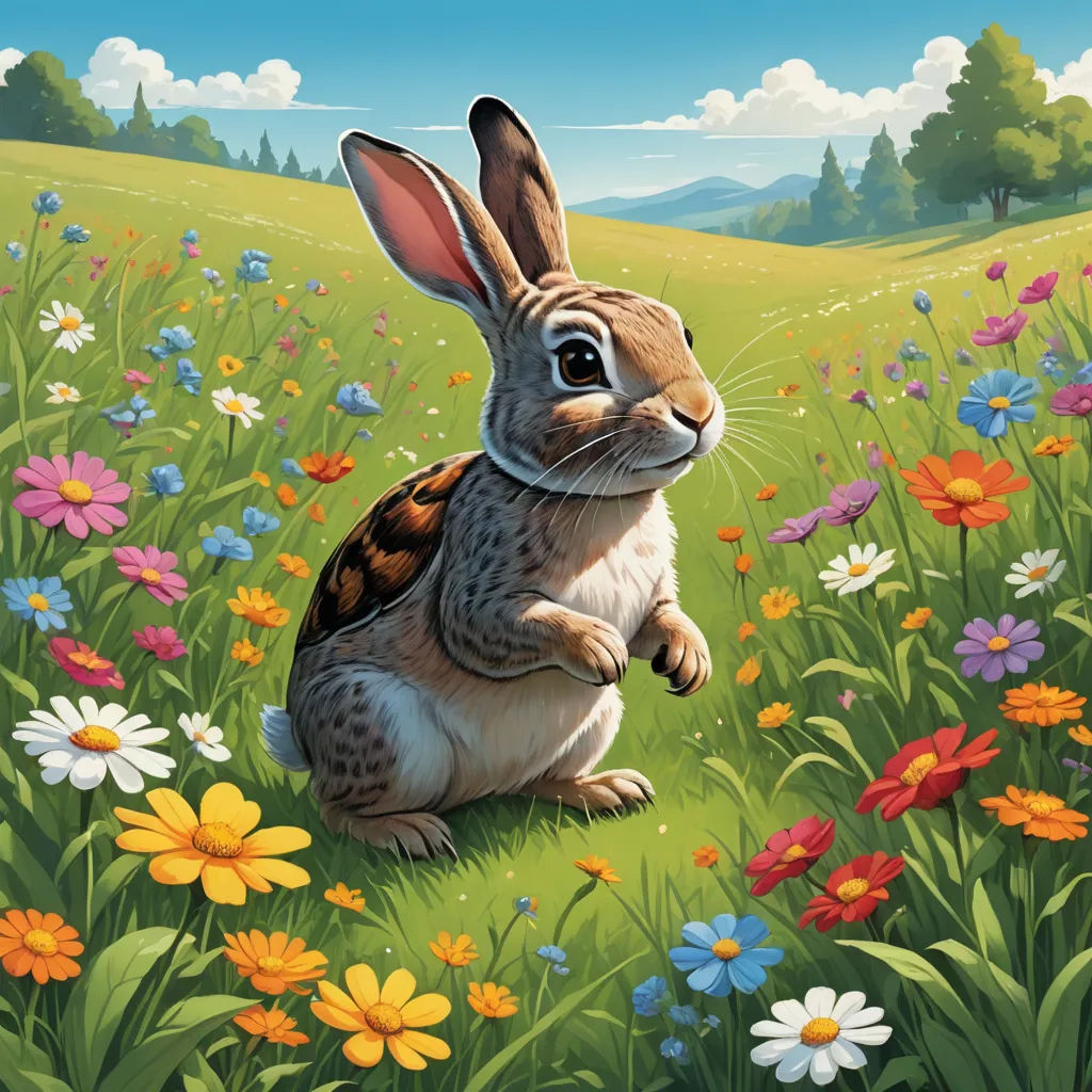 a rabbit sitting in a field of flowers with a sky background and clouds in the background, with a blue sky and clouds, furry art, a storybook illustration, Chris LaBrooy, official art