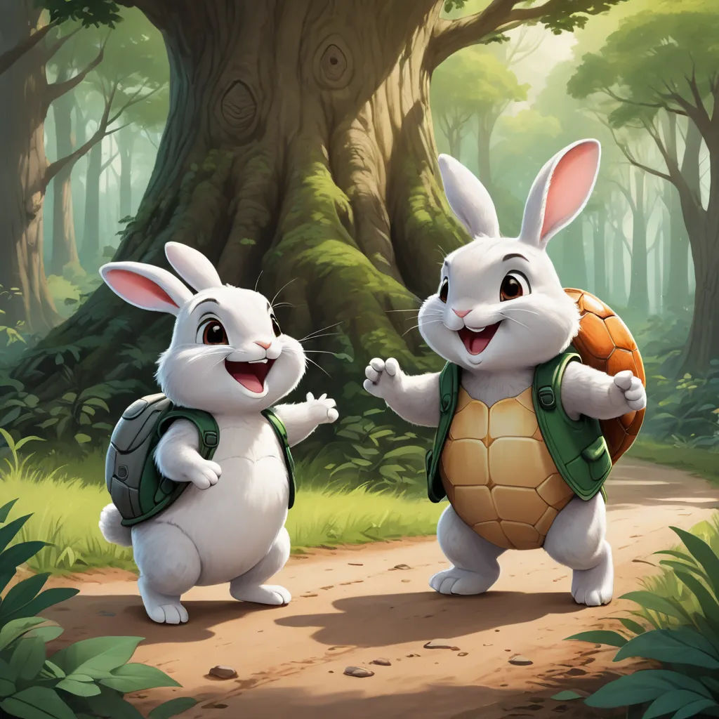 two rabbits are walking in the woods with a turtle on their back and a backpack on their back,, sots art, a storybook illustration, Brothers Hildebrandt, official art