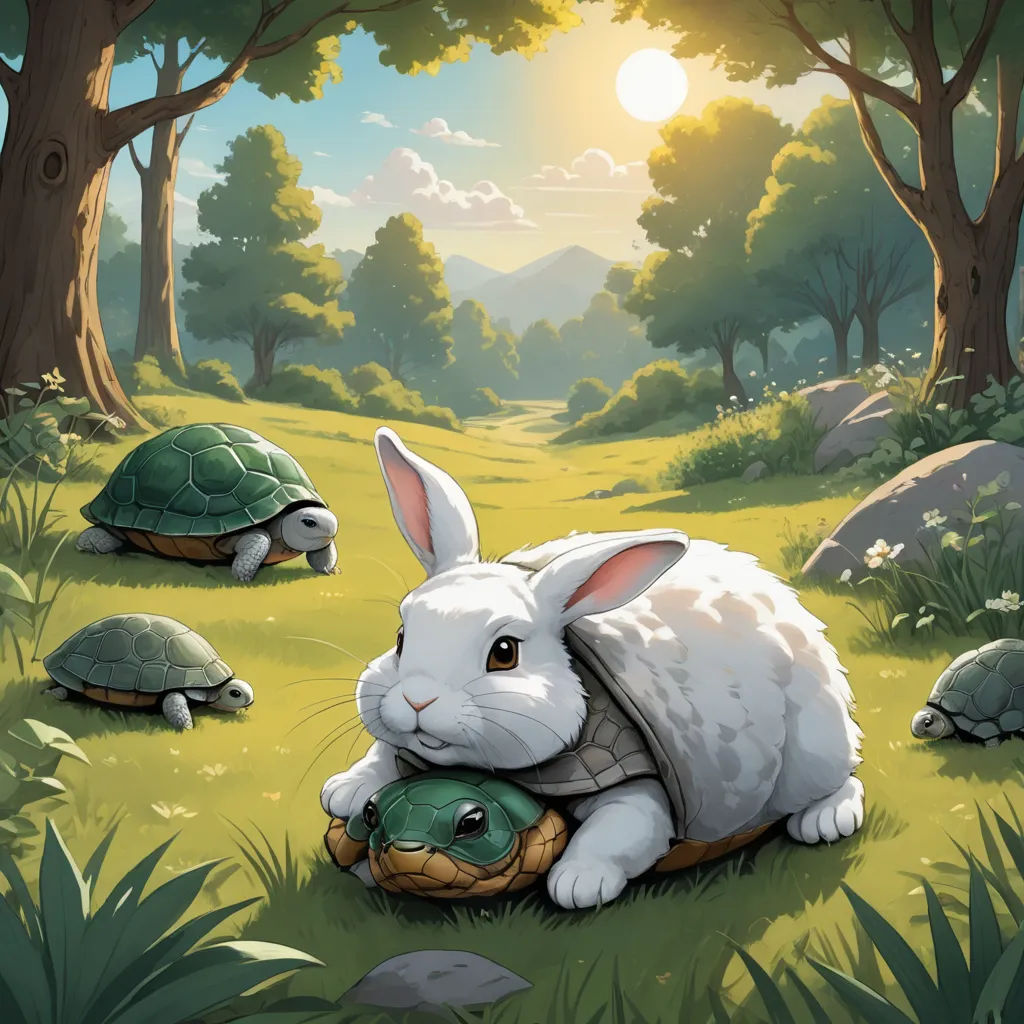 a rabbit and a turtle are in the grass by some trees and bushes, one is holding a turtle, sots art, a storybook illustration, Chris LaBrooy, storybook illustration