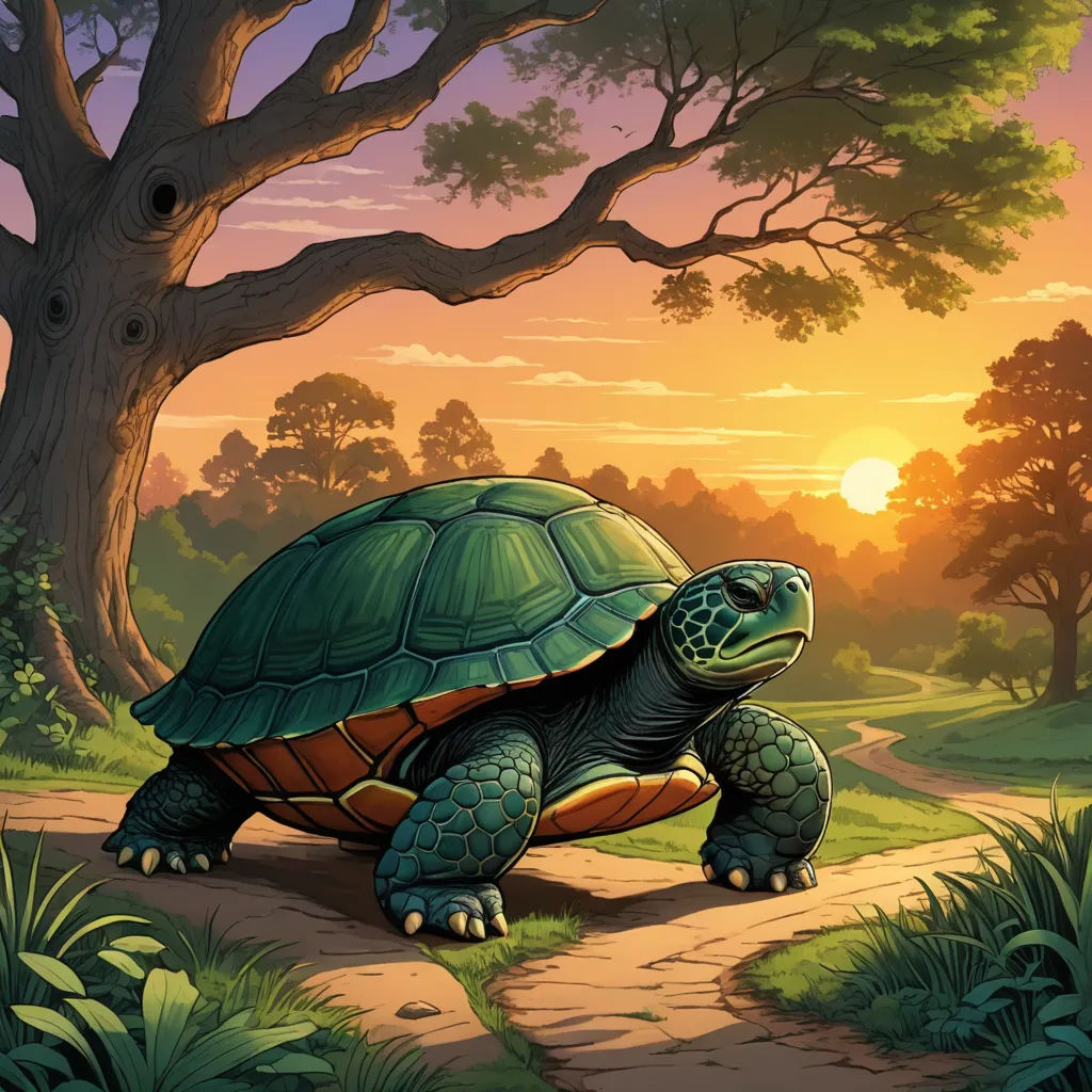 a turtle is walking down a path in the forest at sunset or dawn with a tree in the background, fantasy art, a storybook illustration, Chris LaBrooy, storybook illustration