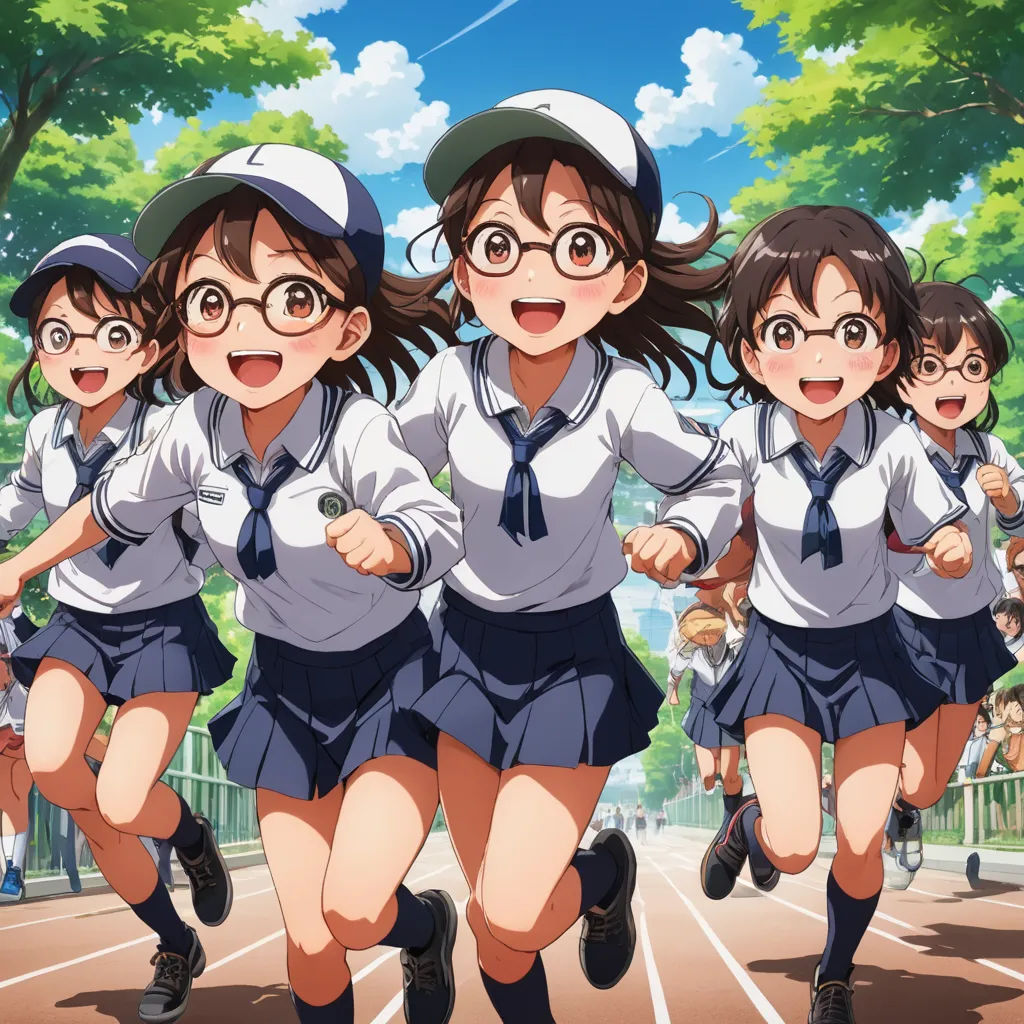 a group of girls running on a track in school uniforms with glasses on their heads and in the air, rayonism, an album cover, Ai-Mitsu, official art