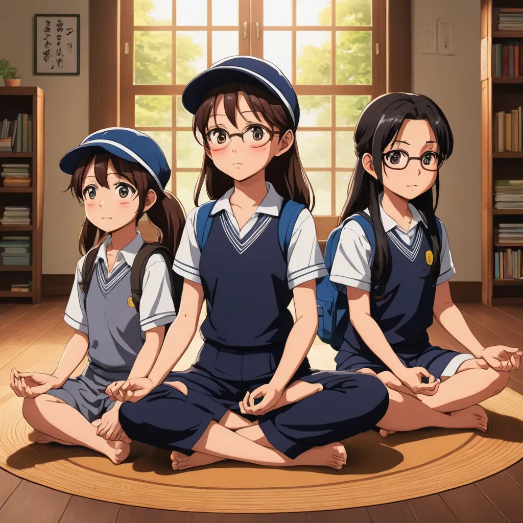 three girls sitting in a circle in front of a window in a room with a bookcase and a window, rayonism, an album cover, Ai-Mitsu, official art
