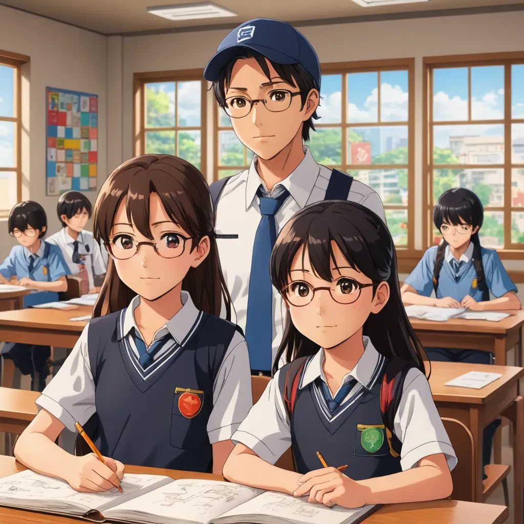 a group of children sitting at desks in a classroom with a teacher in the background and a man standing behind them, sots art, computer graphics, Ai-Mitsu, official art