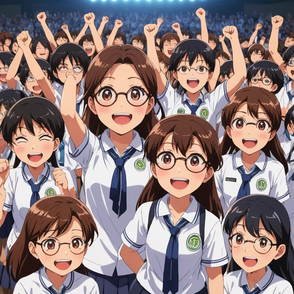 a group of young girls in school uniforms with their hands up in the air in front of a crowd of people, rayonism, computer graphics, Ai-Mitsu, official art