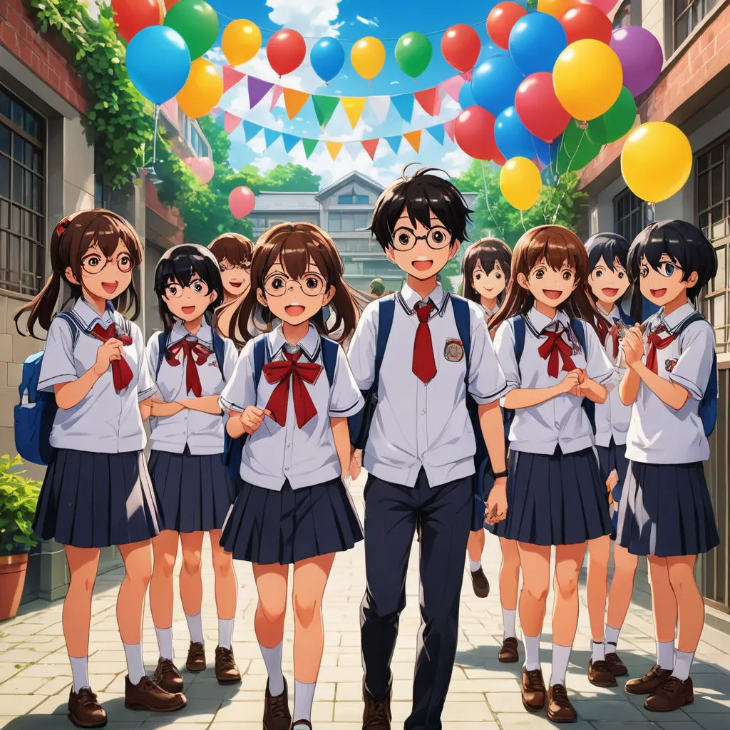 a group of young people standing next to each other in front of a building with balloons and streamers, serial art, poster art, Aya Goda, official art