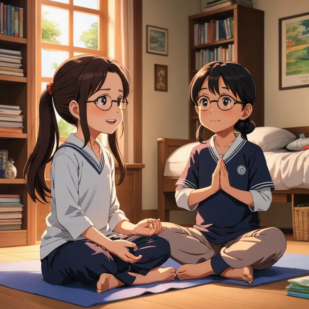 two young girls sitting on a yoga mat in a room with a bookcase and a bed in the background, rayonism, poster art, An Gyeon, official art