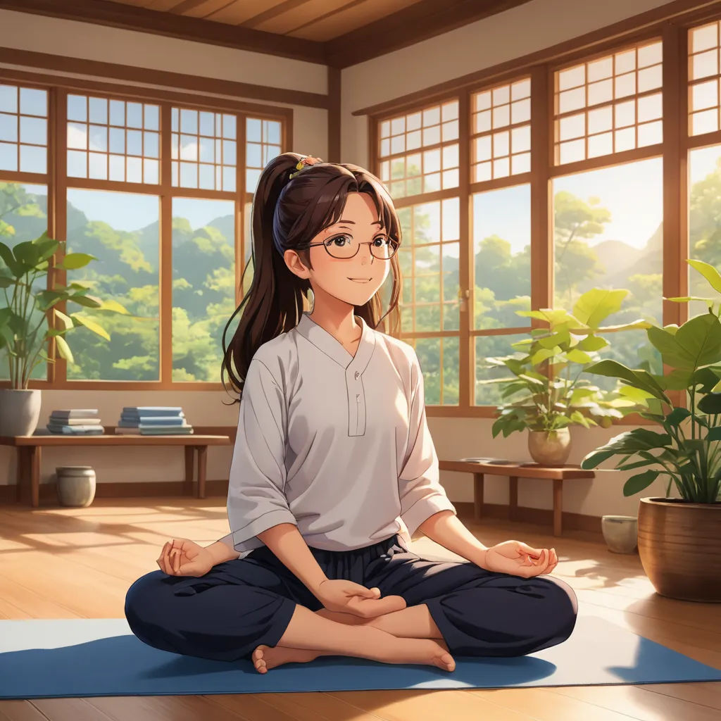 a girl sitting in a yoga pose in front of a window with a potted plant in the background, dau-al-set, a detailed painting, Ayako Rokkaku, official art