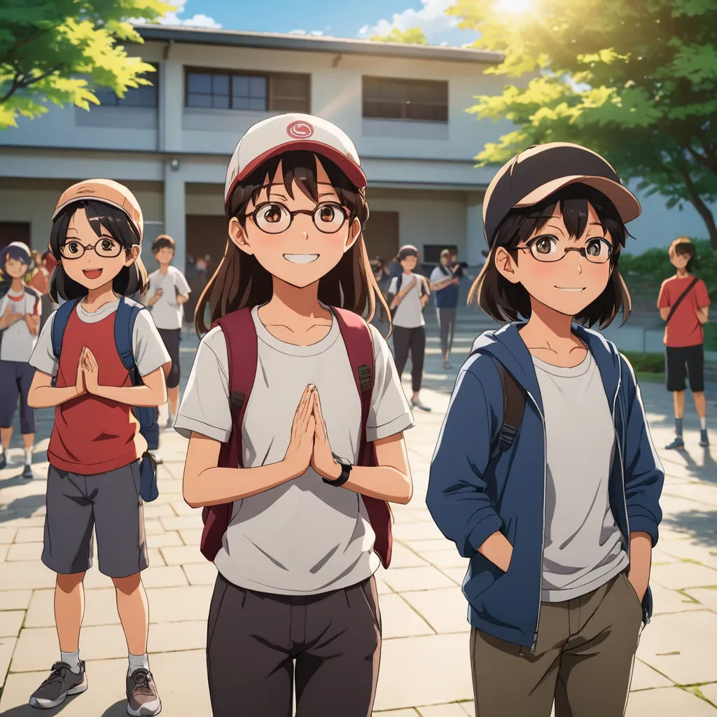 a group of people standing next to each other on a sidewalk with a building in the background and trees, rayonism, concept art, Ai-Mitsu, official art