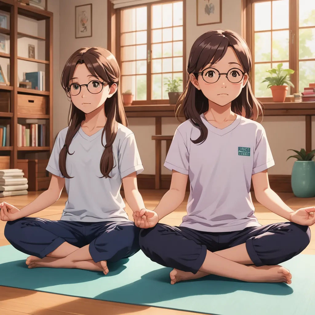 two girls sitting in a yoga pose in front of a window with a bookcase in the background and a potted plant in the foreground, rayonism, a detailed painting, Artgerm, official art