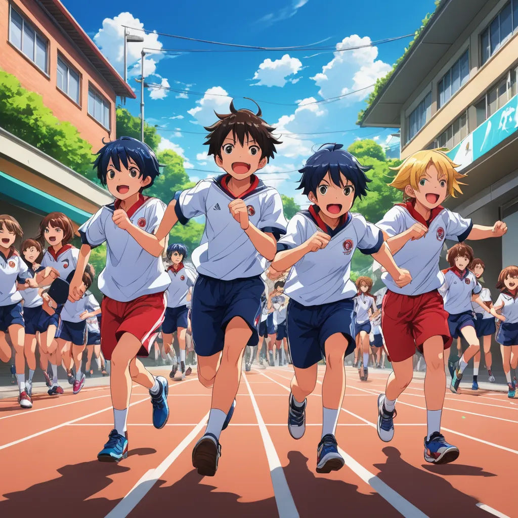 a group of young people running on a tennis court in front of a crowd of people in school uniforms, paris school, an album cover, Baiōken Eishun, official art