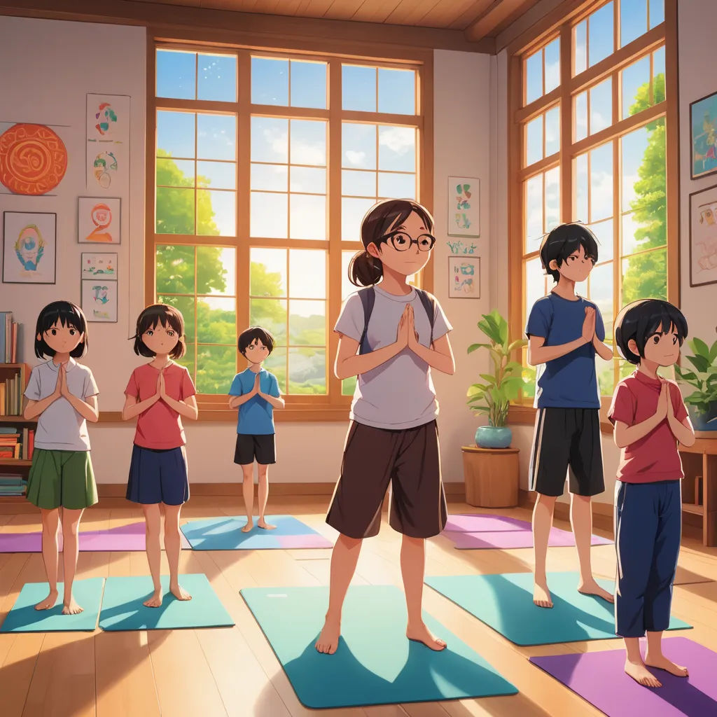 a group of children standing in a room with yoga mats on the floor and a woman standing in front of them, american scene painting, concept art, Adam Manyoki, official art