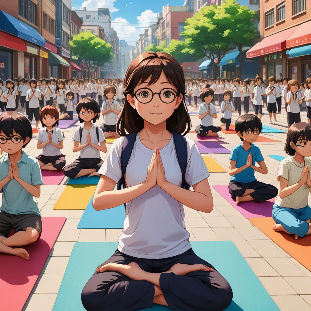 a woman sitting in a yoga position in front of a group of children in a city street with buildings, rayonism, a detailed painting, Aya Goda, official art
