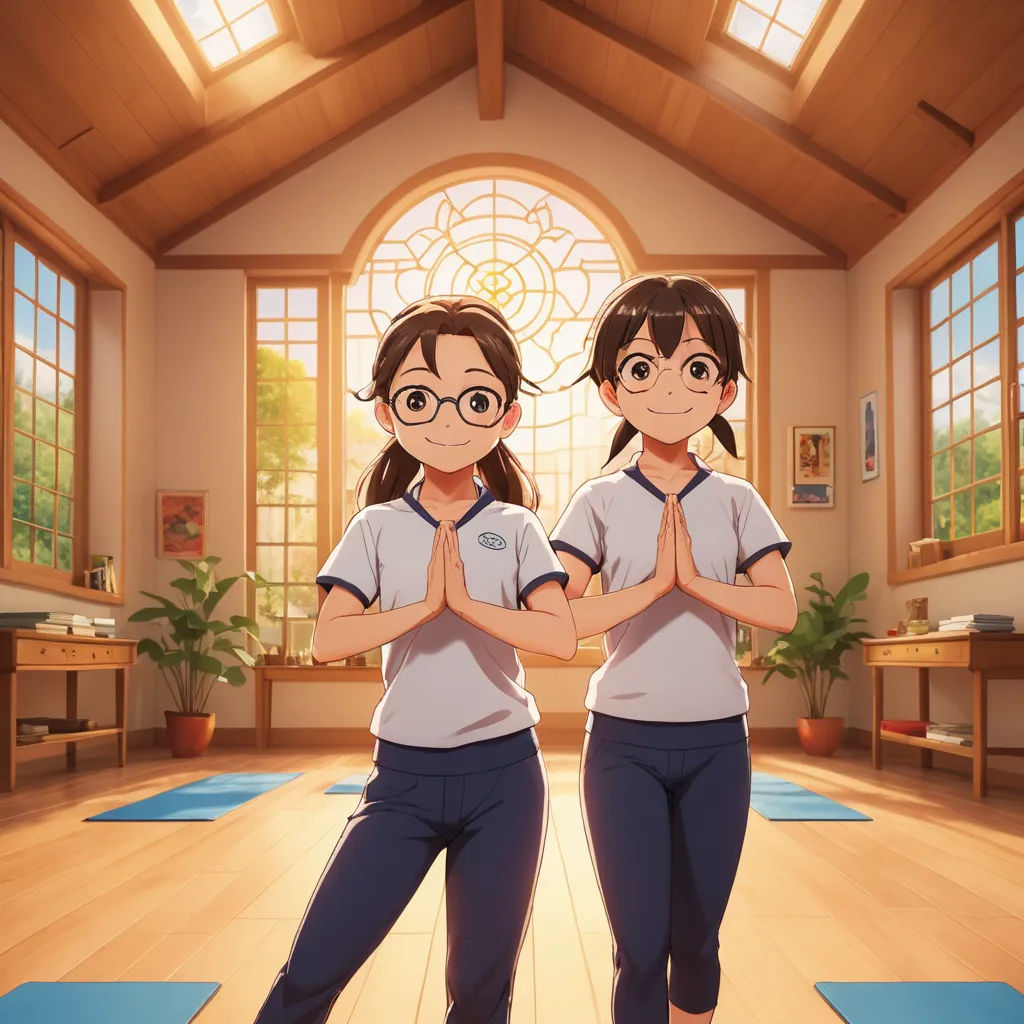 two girls in a room with yoga mats and a large window with a stained glass window behind them, both wearing glasses, rayonism, concept art, Ella Guru, official art